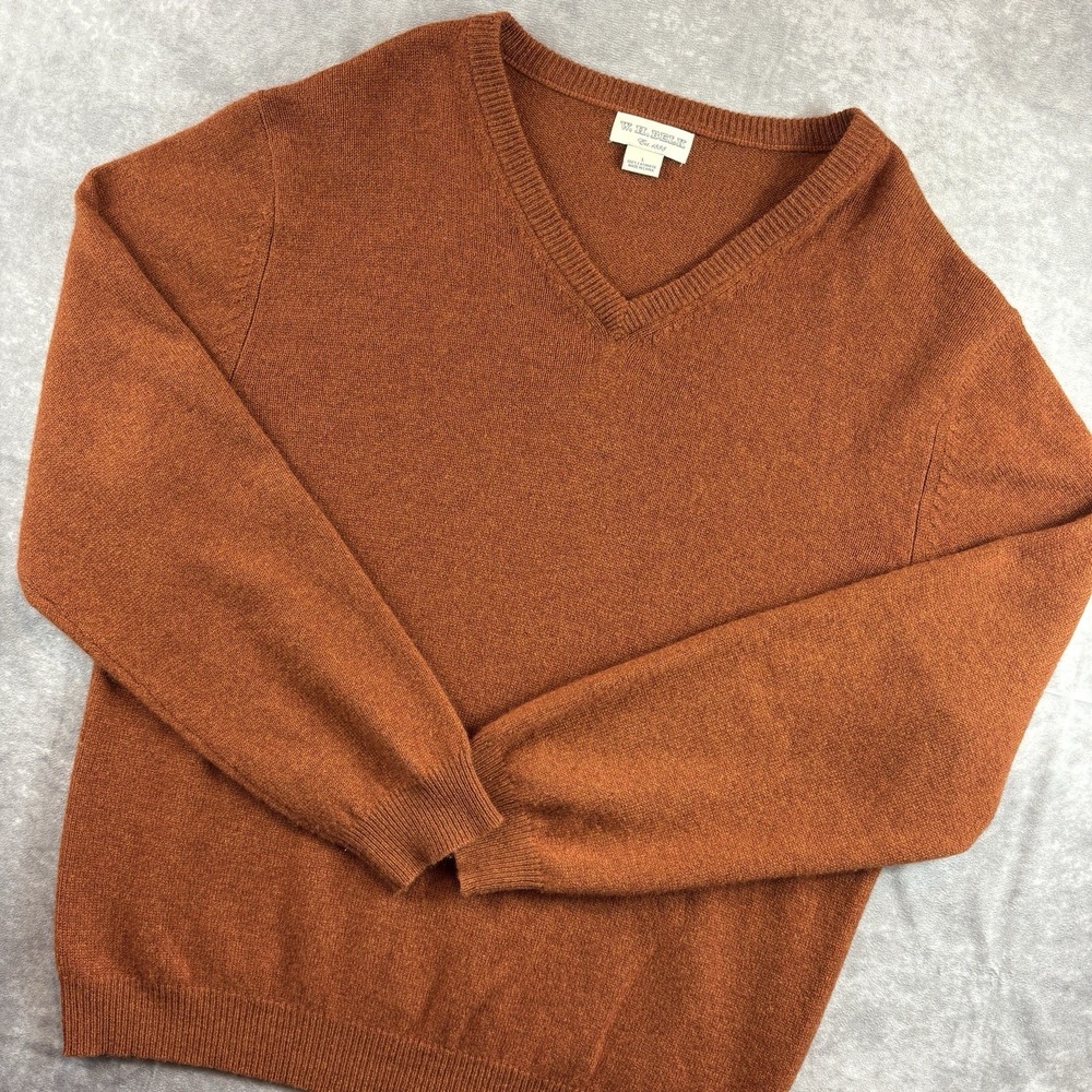 W.H. Belk Sweater Mens L Orange 100% Cashmere V-Neck Grandpa Classic Vintage